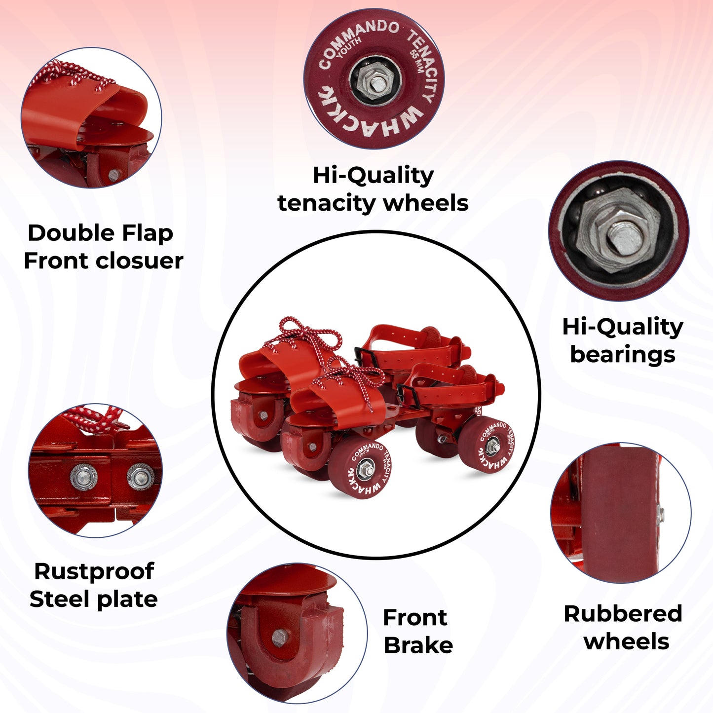WHACKK Commando Senior Red Roller Skates |Adjustable Quad Size 21–27 cm |Front Brake |High Precision Bearings |High Grip Rubber Wheels |Comfortable Secure Fit |Ages 6+