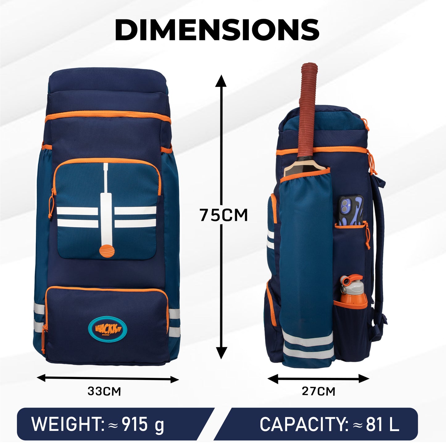 WHACKK Warne 81L Cricket Kit Bag Backpack | Spacious Compartment with Dual Bat, Shoe/ Helmet Pockets | Lightweight & Durable Sports kit Bag blue Orange