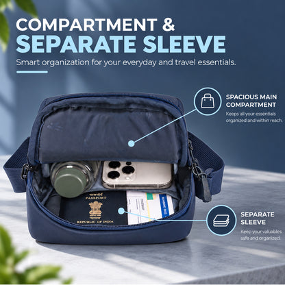 Whackk Outpace Navy Crossbody Bag | Water Resistance Side Bag, Travel Bag, Office Business Bag, Messenger Bag | Sling Bag for Men and Women Adjustable Strap