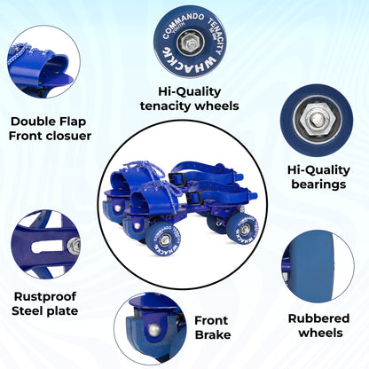 WHACKK Commando Senior Blue Roller Skates |Adjustable Quad Size 21–27 cm |Front Brake |High Precision Bearings |High Grip Rubber Wheels |Comfortable Secure Fit |Ages 6+
