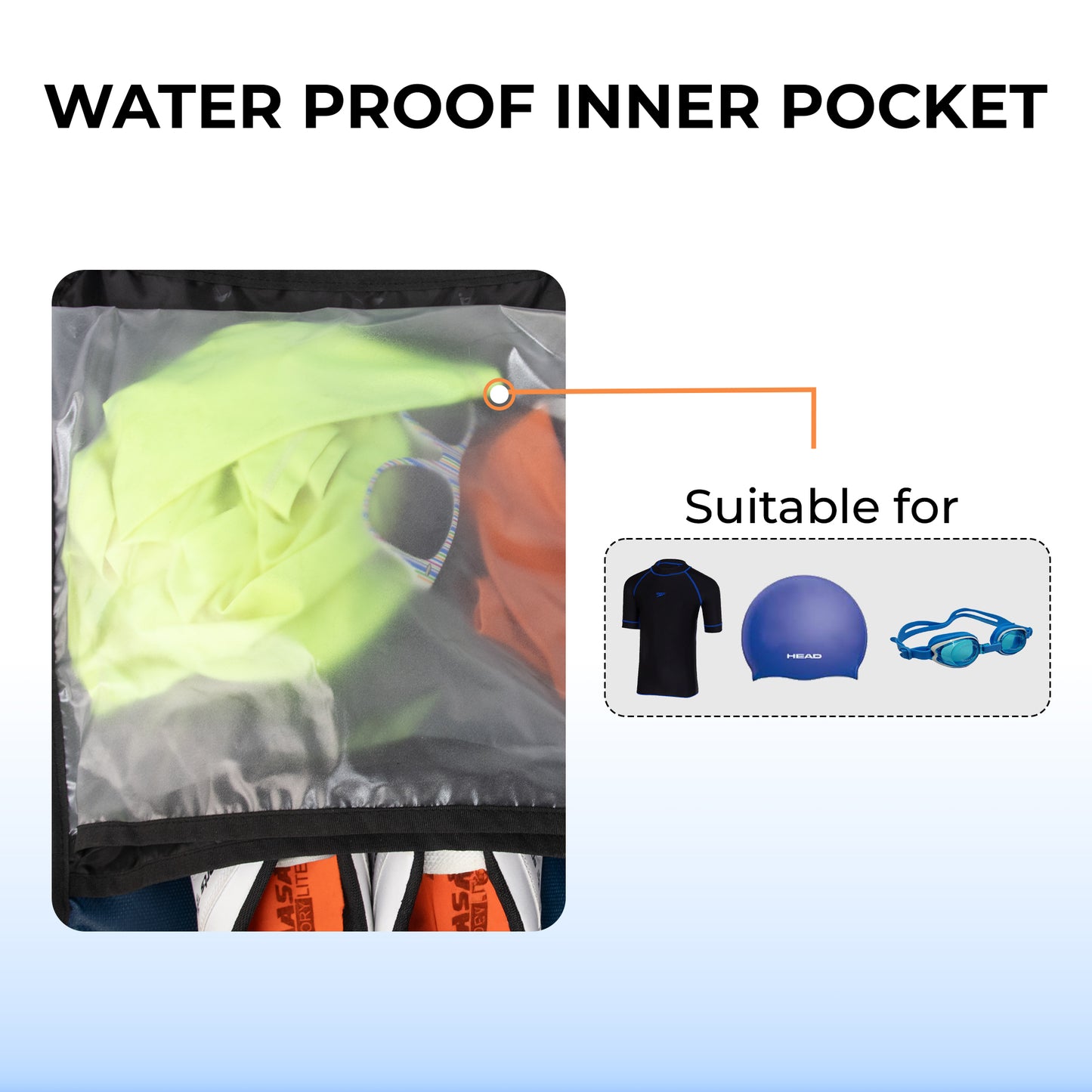 WHACKK Phelps Blue Black 23L Premium Drawstring Swimming/ Football backpack| Waterproof Wet Compartment, Mesh Pocket, Multi Storage & Bottle Holder| Ideal for Swimming, Football & Gym