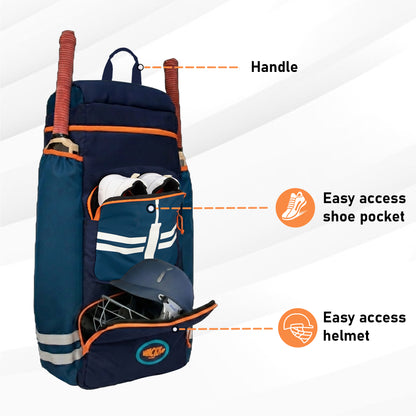 WHACKK Warne 81L Cricket Kit Bag Backpack | Spacious Compartment with Dual Bat, Shoe/ Helmet Pockets | Lightweight & Durable Sports kit Bag blue Orange