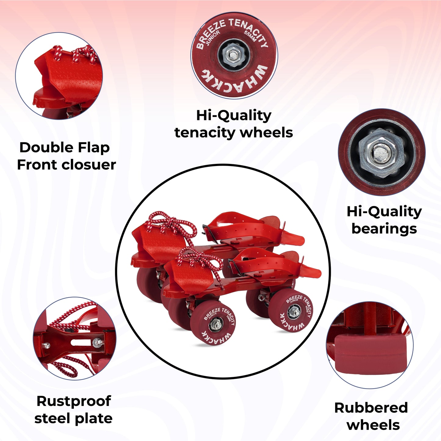 WHACKK Breeze Junior Red Roller Skates for Kids 3-6 Years |Adjustable Quad Skates | Strong Metal Frame |55 mm Rubber Wheels |Smooth Ball Bearings |Secure Buckles & Lace System