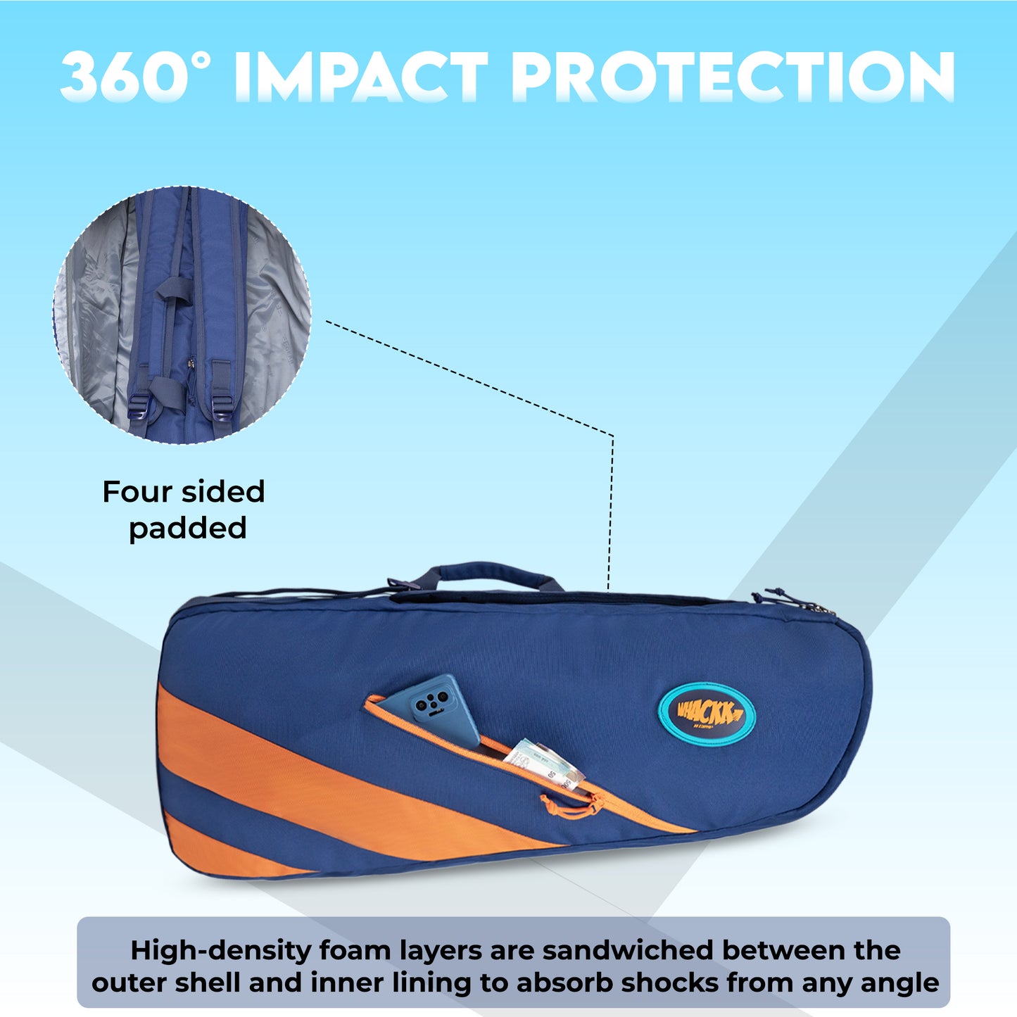 WHACKK Shot 49L Badminton Bag for Rackets, Shoes & Accessories | Dual Carry Backpack/Duffle | Heavy Padding | 2 Main Compartments | Navy Orange