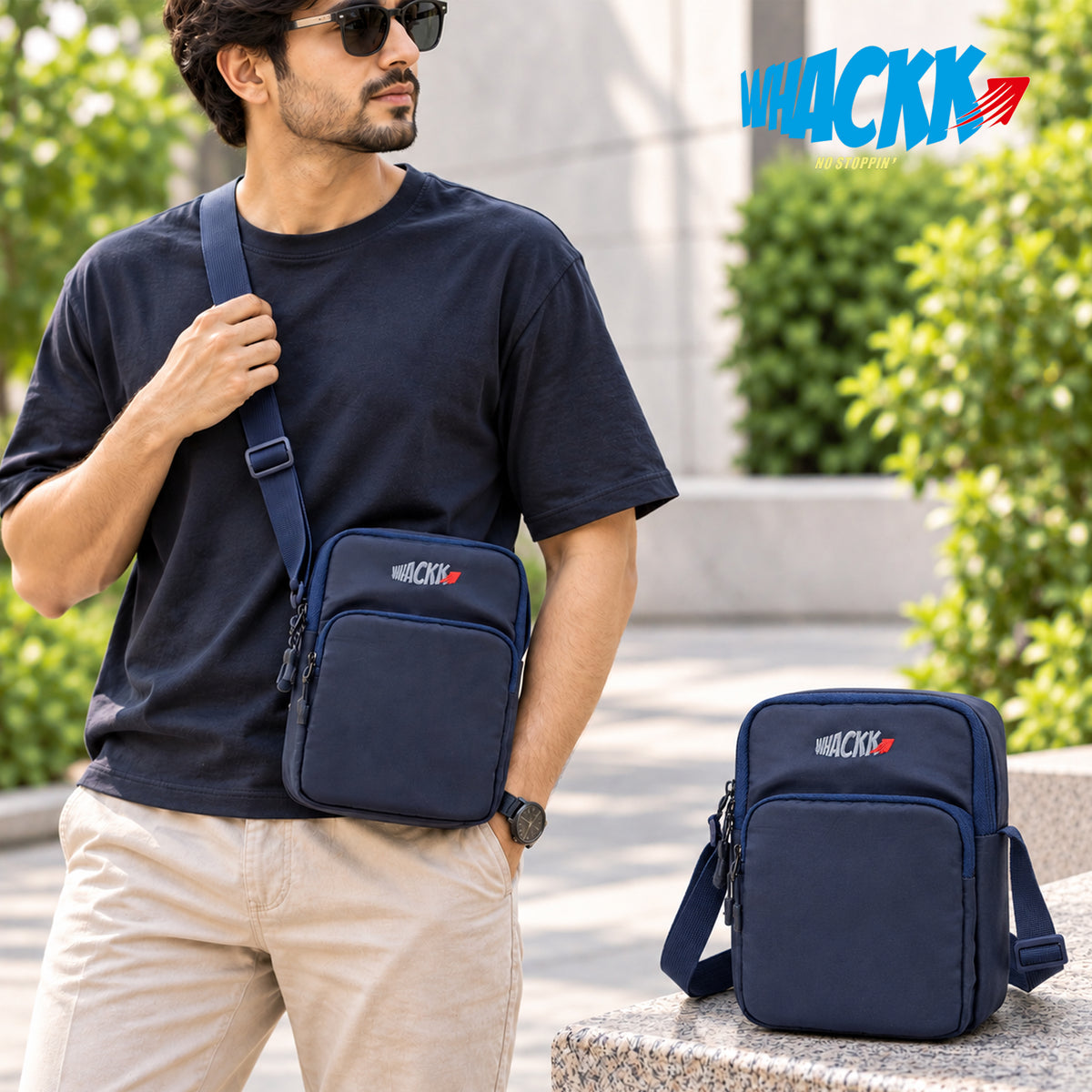 Whackk Outpace Navy Crossbody Bag | Water Resistance Side Bag, Travel Bag, Office Business Bag, Messenger Bag | Sling Bag for Men and Women Adjustable Strap