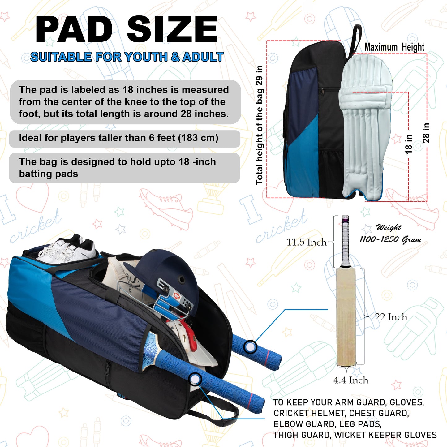 Gayle Aqua Blue Backpack Duffle Trolley Wheelie Polyester Cricket Kit Bag Adult Size 2 Bat Pocket Shoe/Helmet Pkt Main Compartment 18" Leg Pad 2 Bottle Holder Player Edition
