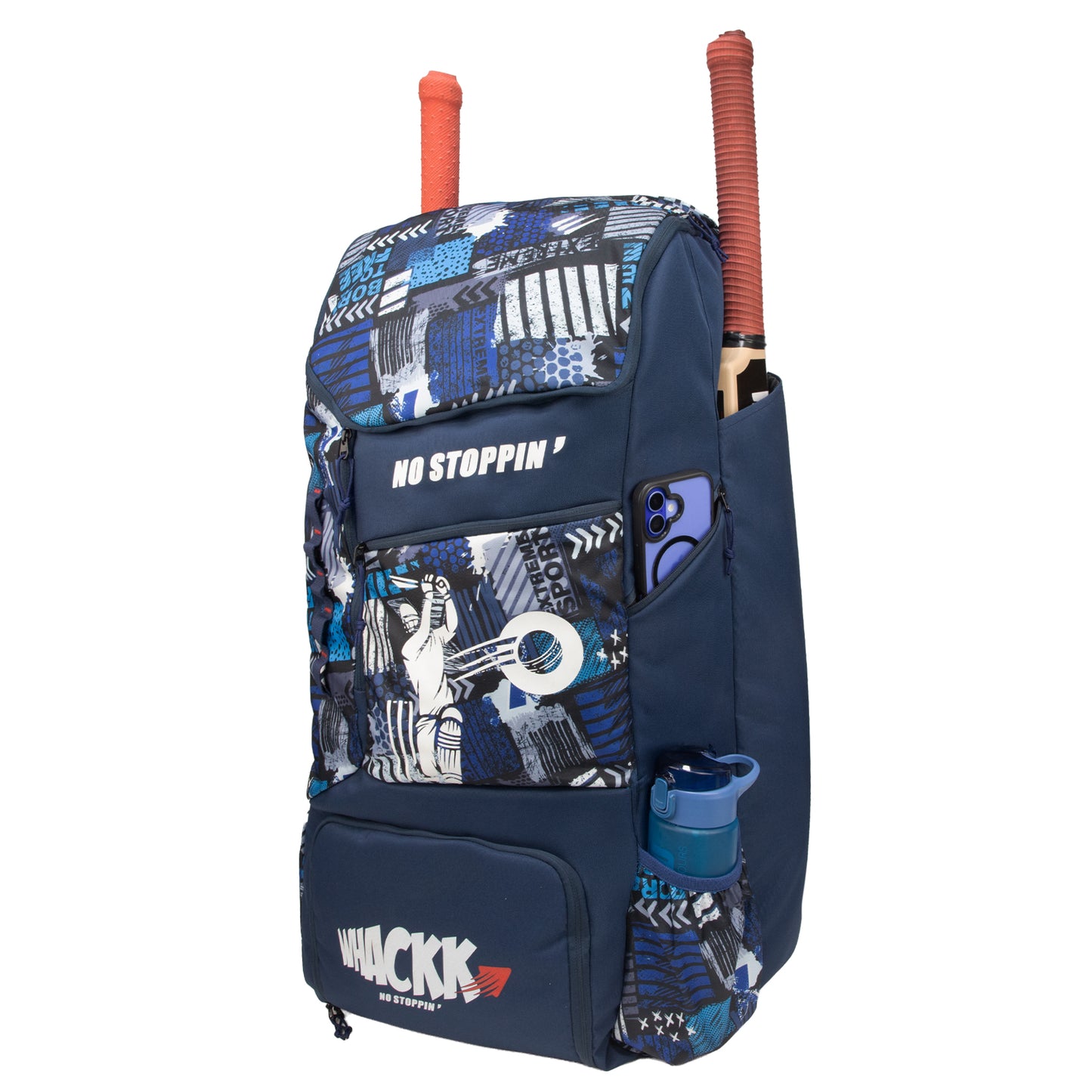 Kallis Navy Printed 103L Unisex Cricket Kit Bag Backpack|Adult Size|2 Bat|Shoe/Helmet Pocket|Main Compartment 18" Leg Pad|2 Bottle Holder|Easy Access Pocket|Player Edition Senior