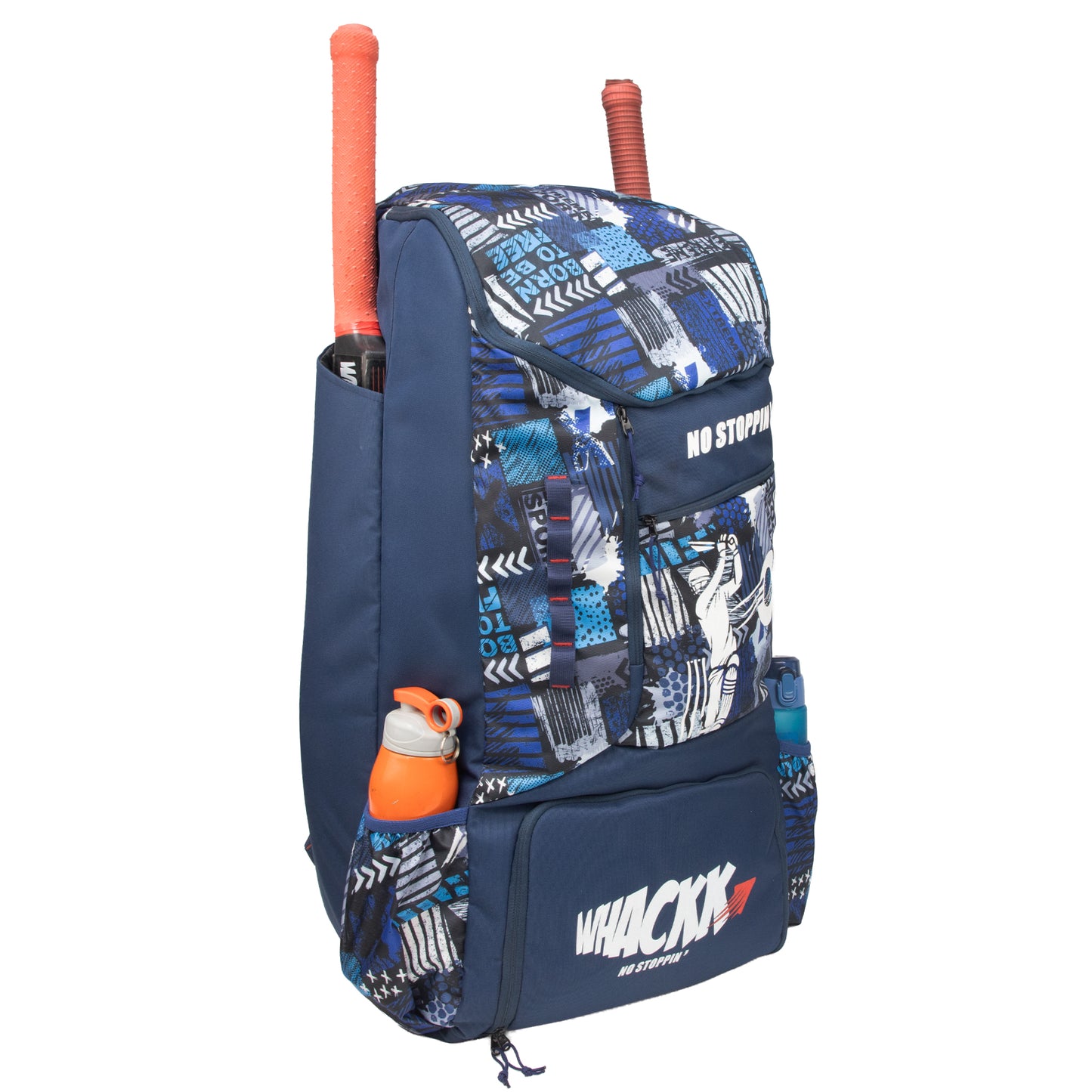 Kallis Navy Printed 103L Unisex Cricket Kit Bag Backpack|Adult Size|2 Bat|Shoe/Helmet Pocket|Main Compartment 18" Leg Pad|2 Bottle Holder|Easy Access Pocket|Player Edition Senior