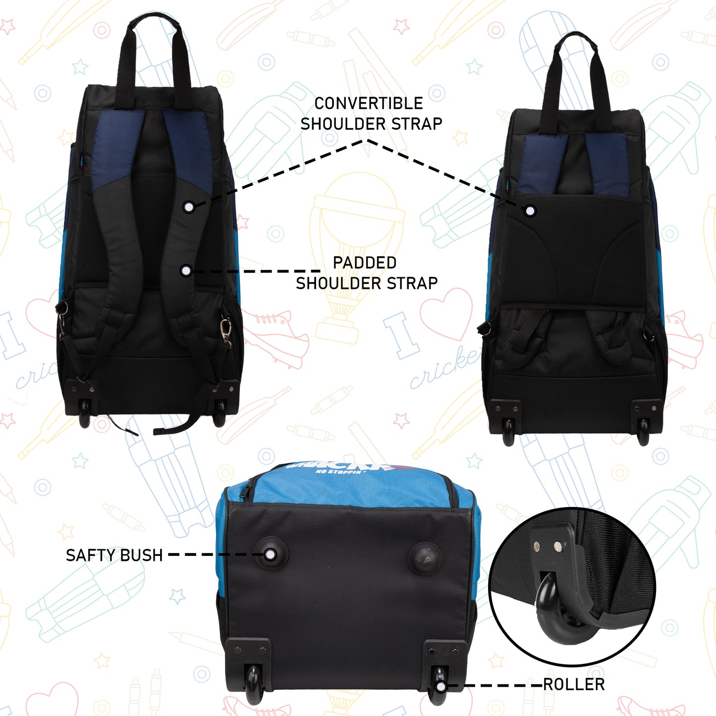 Gayle Aqua Blue Backpack Duffle Trolley Wheelie Polyester Cricket Kit Bag Adult Size 2 Bat Pocket Shoe/Helmet Pkt Main Compartment 18" Leg Pad 2 Bottle Holder Player Edition