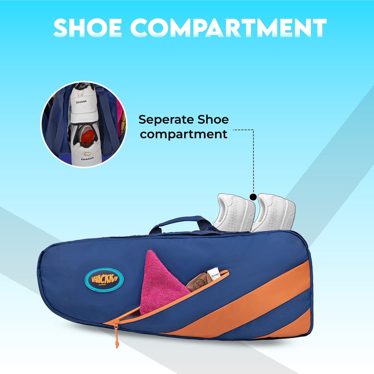 WHACKK Shot 49L Badminton Bag for Rackets, Shoes & Accessories | Dual Carry Backpack/Duffle | Heavy Padding | 2 Main Compartments | Navy Orange