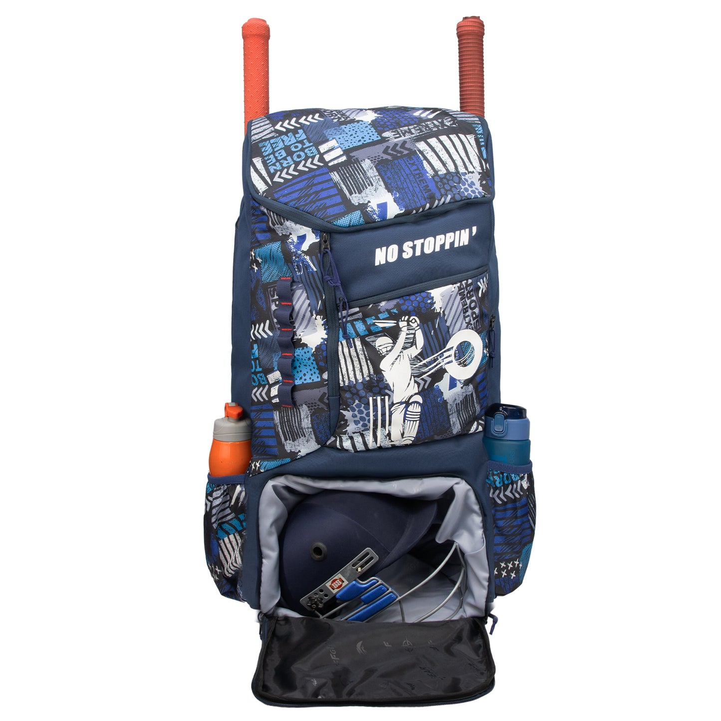 Kallis Navy Printed 103L Unisex Cricket Kit Bag Backpack|Adult Size|2 Bat|Shoe/Helmet Pocket|Main Compartment 18" Leg Pad|2 Bottle Holder|Easy Access Pocket|Player Edition Senior