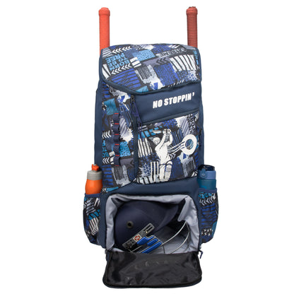 Kallis Navy Printed 103L Unisex Cricket Kit Bag Backpack|Adult Size|2 Bat|Shoe/Helmet Pocket|Main Compartment 18" Leg Pad|2 Bottle Holder|Easy Access Pocket|Player Edition Senior