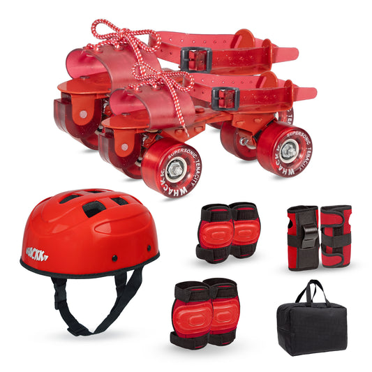 WHACKK Supersonic Senior Roller Skates Red | Adjustable Quad Skates Age 6-14 | Sturdy Metal Body, Tenacity Wheels, Ball Bearings | Helmet, Knee, Elbow & Wrist Guards | Foot 18-25cm, Chassis 20-27cm
