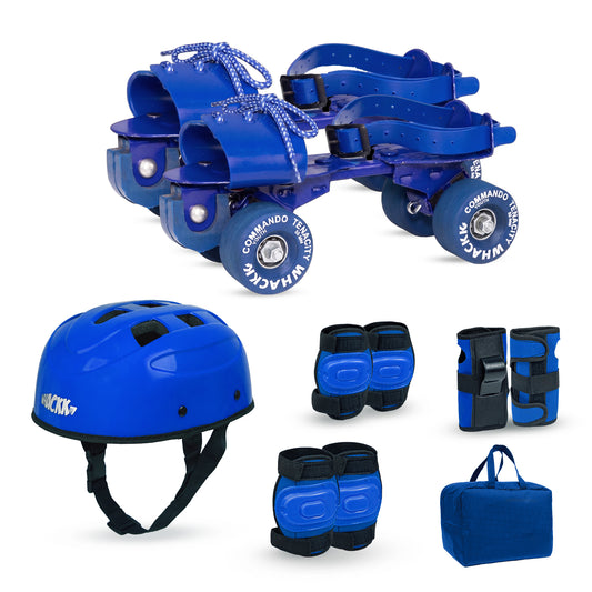 WHACKK Commando Senior Roller Skates Blue | Adjustable Quad Skates Age 6-14 | Sturdy Metal Body, Tenacity Wheels, Ball Bearings | Helmet, Knee, Elbow & Wrist Guards | Foot 18-25cm, Chassis 20-27cm