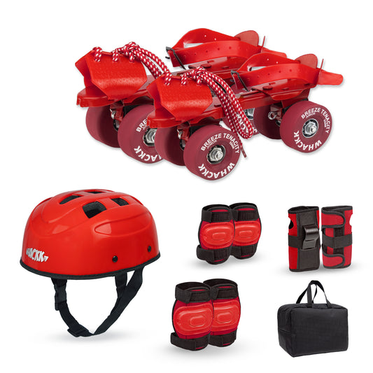 WHACKK Breeze Junior Roller Skates Red | Adjustable Quad Skates Age 3-5 | Sturdy Metal Body, Tenacity Wheels, Ball Bearings | With Helmet, Knee, Elbow & Wrist Guards | Foot 14-17cm, Chassis 16-19cm