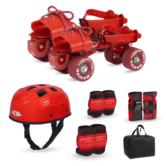 WHACKK Commando Senior Roller Skates Red | Adjustable Quad Skates Age 6-14 | Sturdy Metal Body, Tenacity Wheels, Ball Bearings | Helmet, Knee, Elbow & Wrist Guards | Foot 18-25cm, Chassis 20-27cm