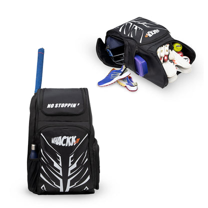 WHACKK Blair 70L Cricket Kit Bag Black | Full Size Bag with Spacious Storage, Bat Pocket, Shoe & Helmet Compartment | Cricket Bag for Men & Club Players
