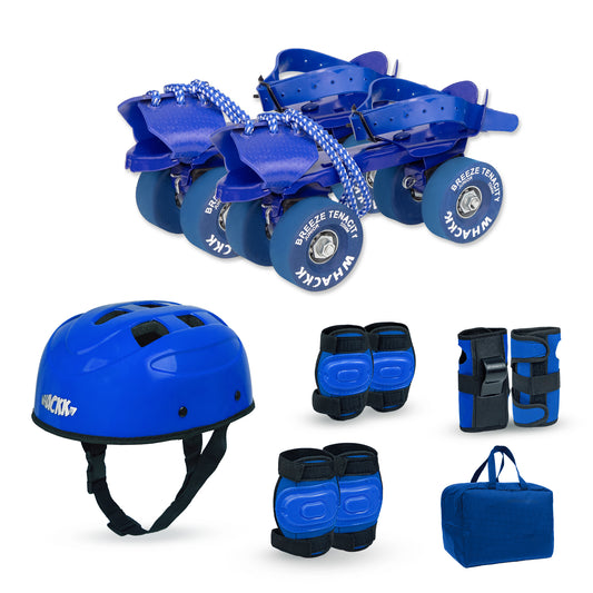 WHACKK Supersonic Senior Roller Skates Blue | Adjustable Quad Skates Age 6-14 | Sturdy Metal Body, Tenacity Wheels, Ball Bearings | Helmet, Knee, Elbow & Wrist Guards | Foot 18-25cm, Chassis 20-27cm