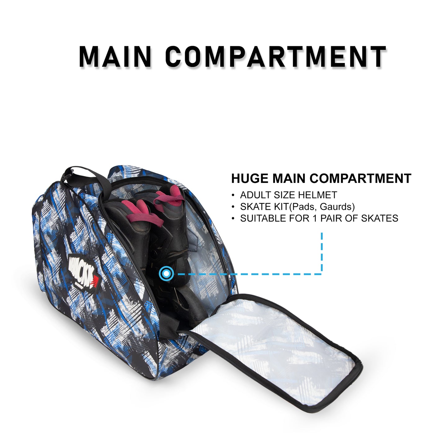 WHACKK Steezy Printed 33L Skating Bag with Helmet Pocket| Water-Resistant Backpack & Shoulder Bag | Spacious Sports Bag for Skates, Helmet & Accessories
