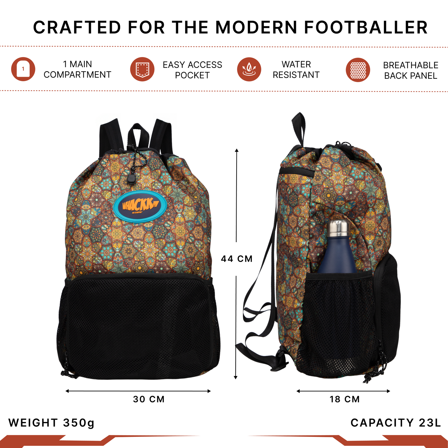 WHACKK Tornado Printed Sports Drawstring Backpack | Swimming Basketball Football Beach Gym Bag with Ventilated Mesh Pocket, Dual Bottle Pockets & Secure Storage for Gym, Swim & Daily Use