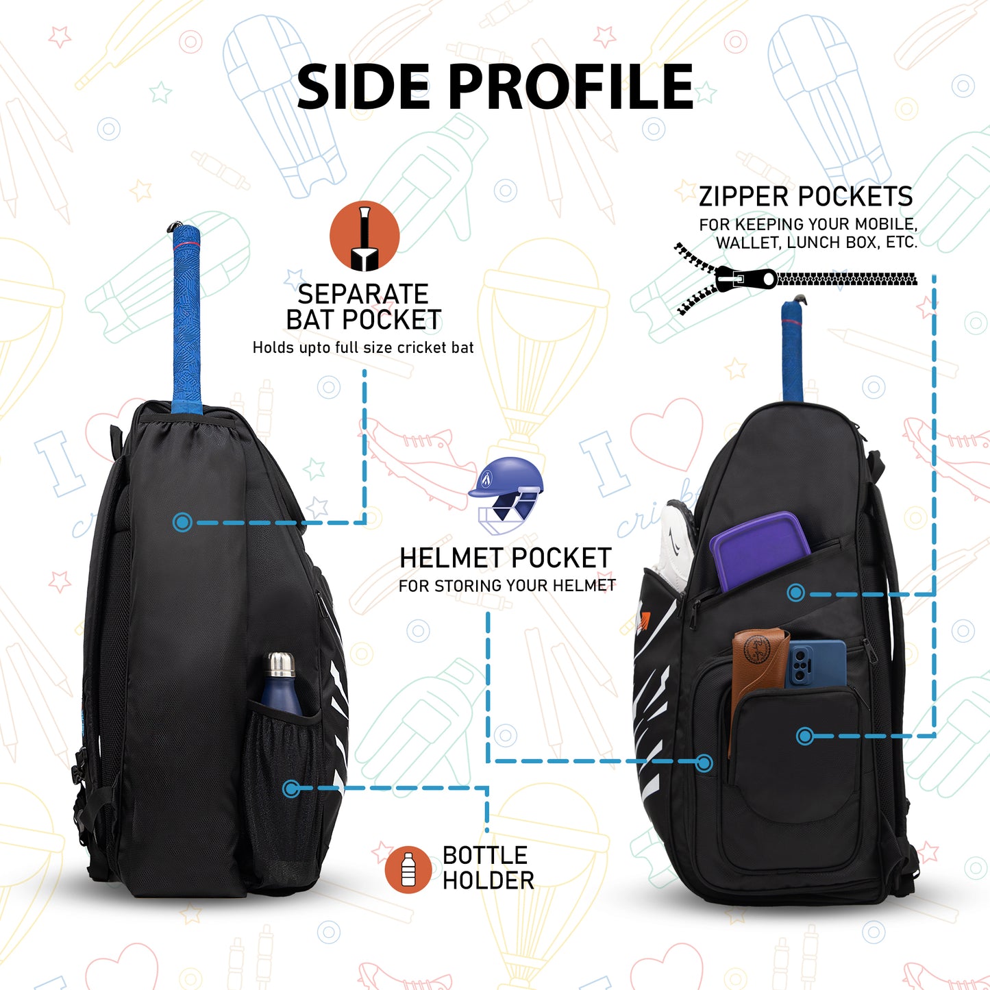 WHACKK Blair 70L Cricket Bag Black| Full Size Kit Bag with Spacious Storage| Bat Pocket, Shoe & Helmet Compartment| Bottle Holder| Utility Pockets| Padded Back & Hip Belt