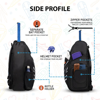 WHACKK Blair 70L Cricket Bag Black| Full Size Kit Bag with Spacious Storage| Bat Pocket, Shoe & Helmet Compartment| Bottle Holder| Utility Pockets| Padded Back & Hip Belt