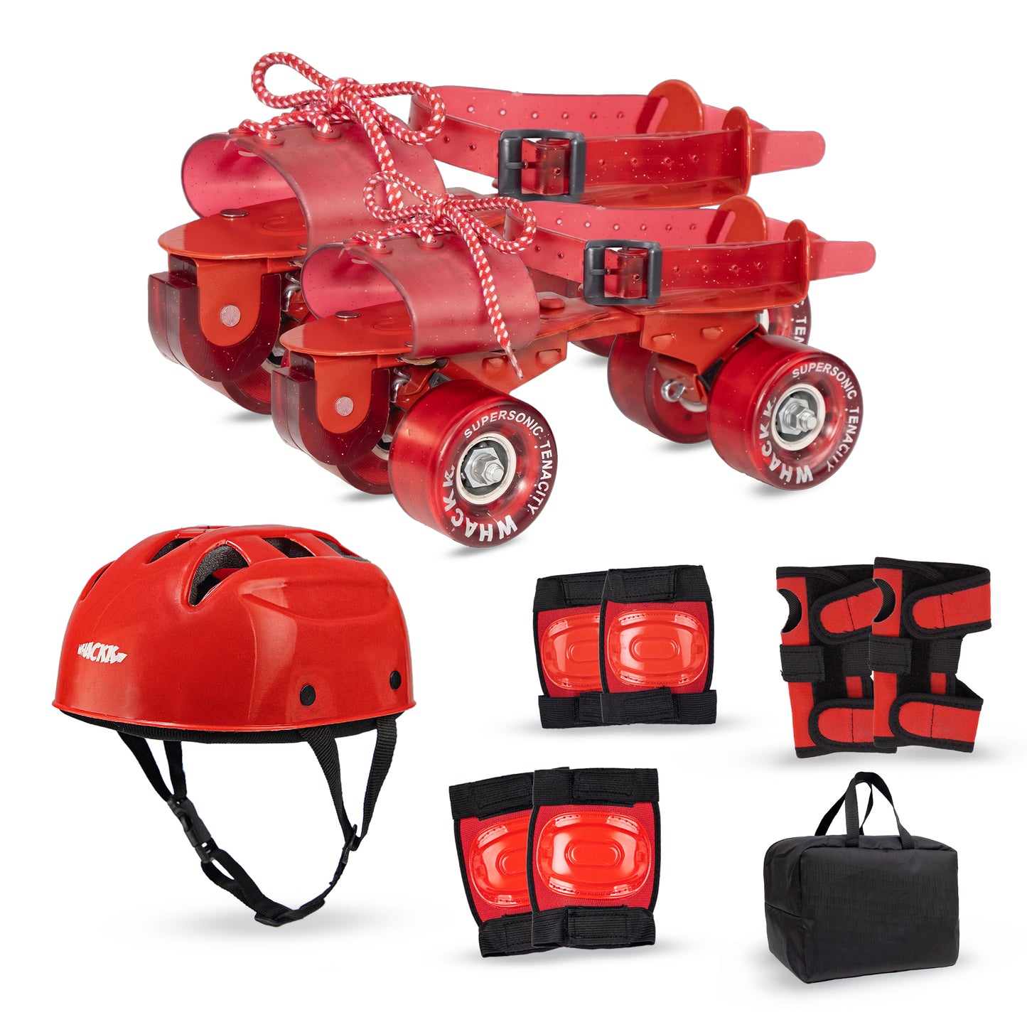 WHACKK Tenacity Supersonic Red Senior Adjustable Quad Roller Skates Combo (Skates + Helmet +Knee Guards + Elbow Guards + Carry Bag) | 55 mm PU Wheel|21 to 27 cm| Ball Bearing| Secure Buckles & Lace system