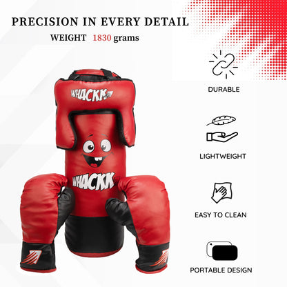 Whackk Red Junior Kids Boxing Kit with Filled Punching Bag, Gloves and Headgear Bounce-Back |Training Bag for Boys & Girls