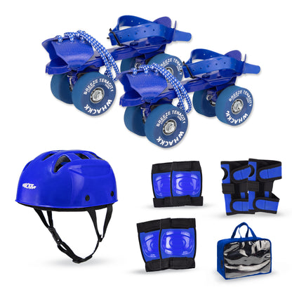 WHACKK Tenacity Breeze Blue Junior Adjustable Quad Roller Skates Combo- Kids 3-6 Yrs (Skates + Helmet + Knee Guards + Elbow Guards + Carry Bag)| 55 mm| 18 to 21 cm| Ball Bearing| Secure Buckles & Lace system