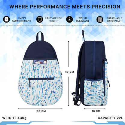 WHACKK Seles Sports Badminton Tennis Racket Backpack White Blue | 22L Capacity with Racket Compartment, Shoe Pocket, Multiple Utility Pockets & Dual Bottle Holders | Lightweight Bag for Pickleball Table Tennis