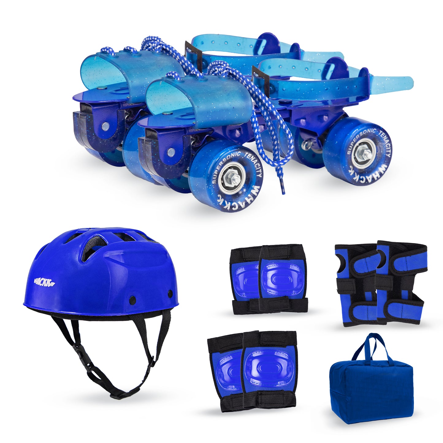 WHACKK Tenacity Supersonic Blue Senior Adjustable Quad Roller Skates Combo (Skates + Helmet +Knee Guards + Elbow Guards + Carry Bag) | 55 mm PU Wheel|21 to 27 cm| Ball Bearing| Secure Buckles & Lace system