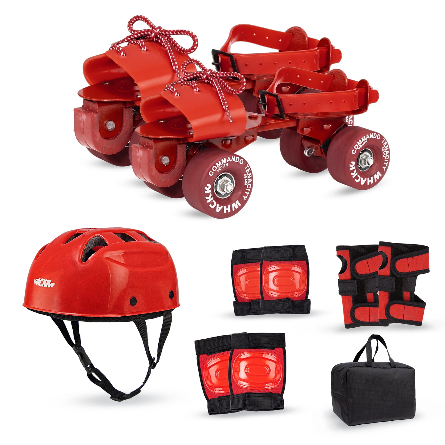WHACKK Tenacity Commando Red Senior Adjustable Quad Roller Skates Combo (Skates + Helmet + Knee Guards + Elbow Guards + Carry Bag)| 55 mm Rubber Wheel|21 to 27 cm| Ball Bearing| Secure Buckles & Lace system