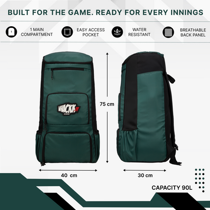 WHACKK Pollock 90L Cricket Bag Green | Large Kit Bag with Dual Bat Pockets, Shoe Pocket, Helmet & Gloves Section, Multiple Storage Compartments