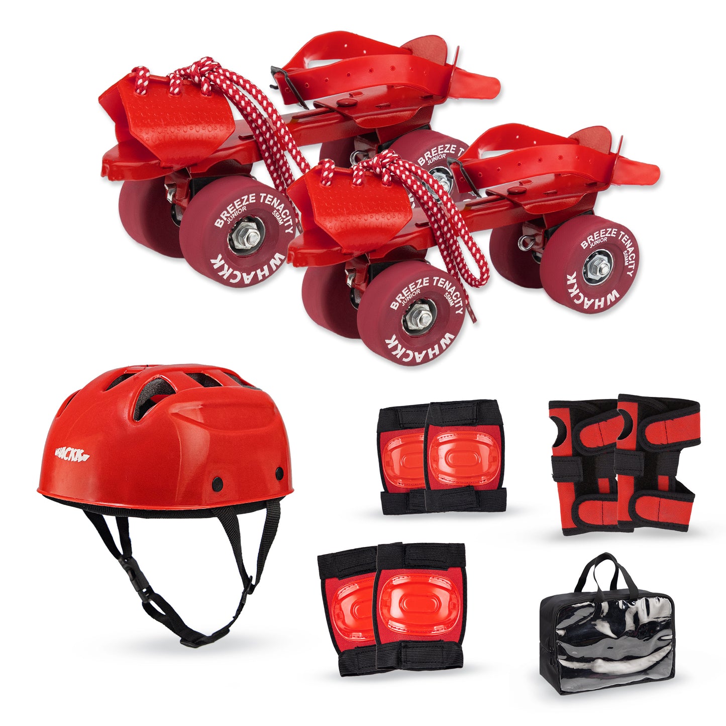 WHACKK Tenacity Breeze Red Junior Adjustable Quad Roller Skates Combo- Kids 3-6 Yrs (Skates+Helmet+Knee Guards+Elbow Guards+Carry Bag)| 55 mm| 18 to 21 cm| Ball Bearing| Secure Buckles & Lace system