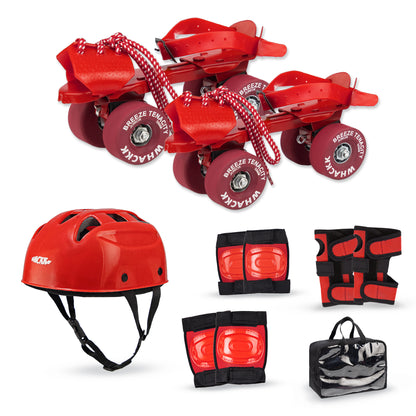 WHACKK Tenacity Breeze Red Junior Adjustable Quad Roller Skates Combo- Kids 3-6 Yrs (Skates+Helmet+Knee Guards+Elbow Guards+Carry Bag)| 55 mm| 18 to 21 cm| Ball Bearing| Secure Buckles & Lace system