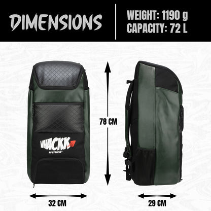 Lara Olive Green 72L | Premium Artificial Vegan Faux Leather Cricket Backpack|KitBag|Adult Size|2 Bat Pocket|Shoe/Helmet Pocket|Fit 18" Leg Pad 2 Bottle Holder|Easy Access|Player Senior,Black