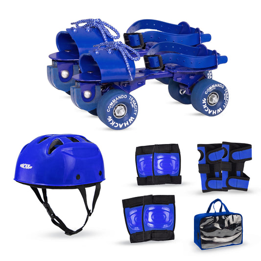 WHACKK Tenacity Commando Blue Senior Adjustable Quad Roller Skates Combo (Skates + Helmet + Knee Guards + Elbow Guards + Carry Bag)| 55 mm Rubber Wheel|21 to 27 cm| Ball Bearing| Secure Buckles & Lace system