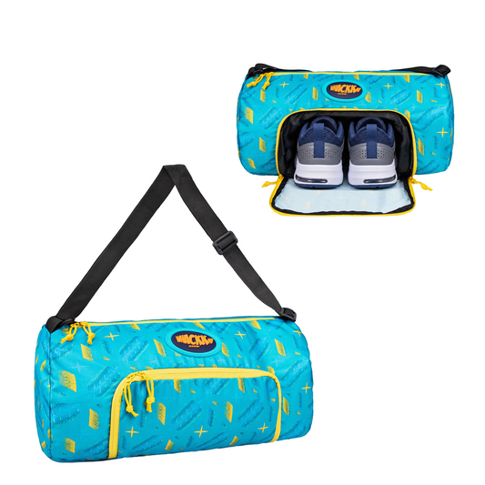 WHACKK Track Printed Blue Yellow Gym Bag | Sports Duffle Bag with Shoe Pocket & Adjustable Strap | Lightweight Travel Duffel for Men & Women