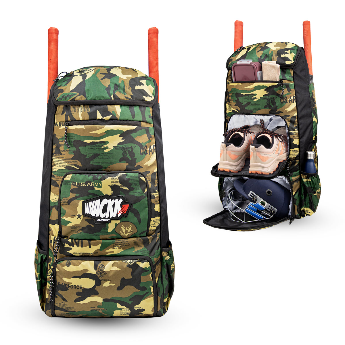 WHACKK Pollock Adult Cricket Kit Bag Black Camouflage | Full Size Bag with Padded Double Bat Sleeve, Shoe & Helmet Pocket | Spacious Cricket Bag for Men & Club Players