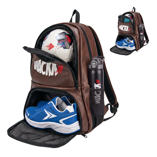WHACKK Strike 32L Brown Faux Leather Football Backpack | Separate Shoe & Dedicated Ball Compartments | Dual Bottle Holders, Utility Pocket | Sports Kit Bag for Training, Gym & Match Day