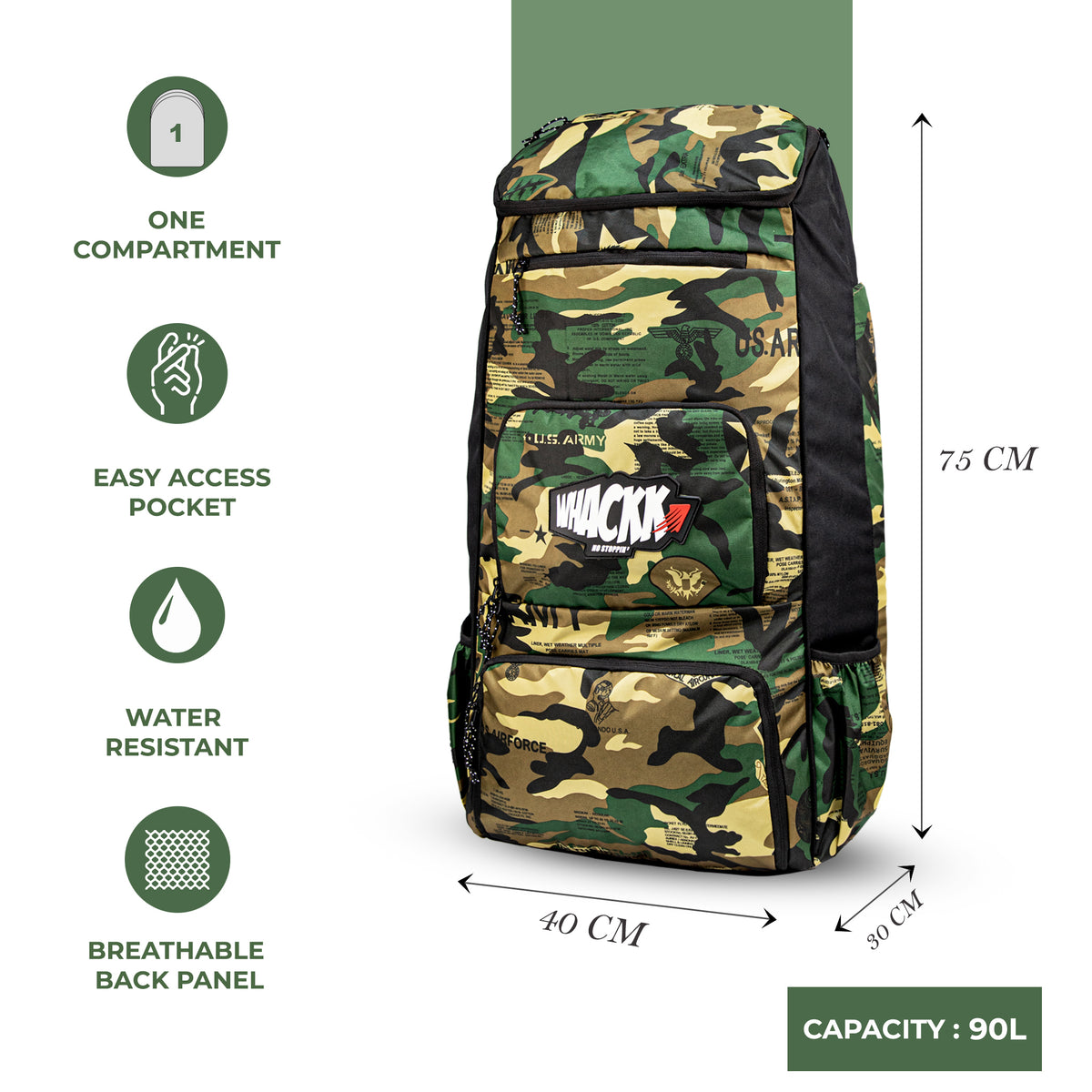WHACKK Pollock Adult Cricket Kit Bag Black Camouflage | Full Size Bag with Padded Double Bat Sleeve, Shoe & Helmet Pocket | Spacious Cricket Bag for Men & Club Players