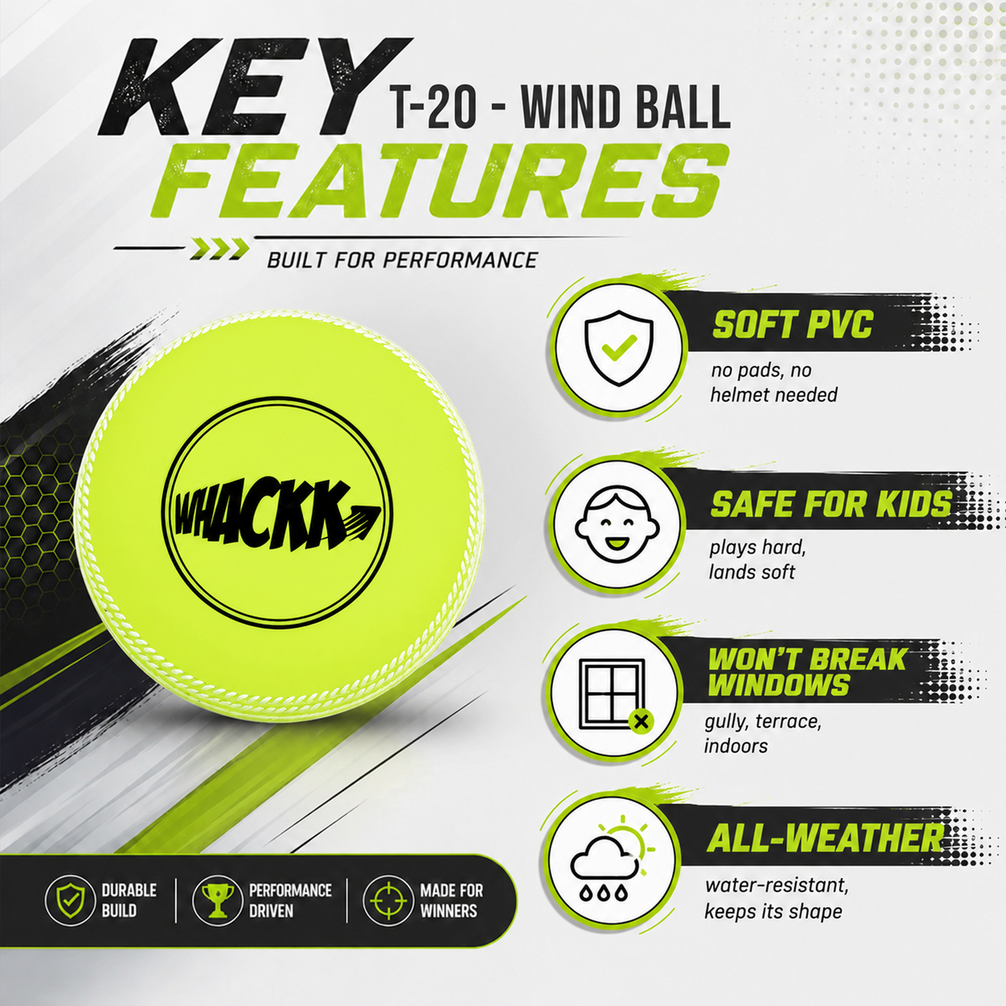 Whackk i10 T-20 Wind Ball 72MM 120GMS | Raised Seam Cricket Ball for Indoor Gully Practice Training