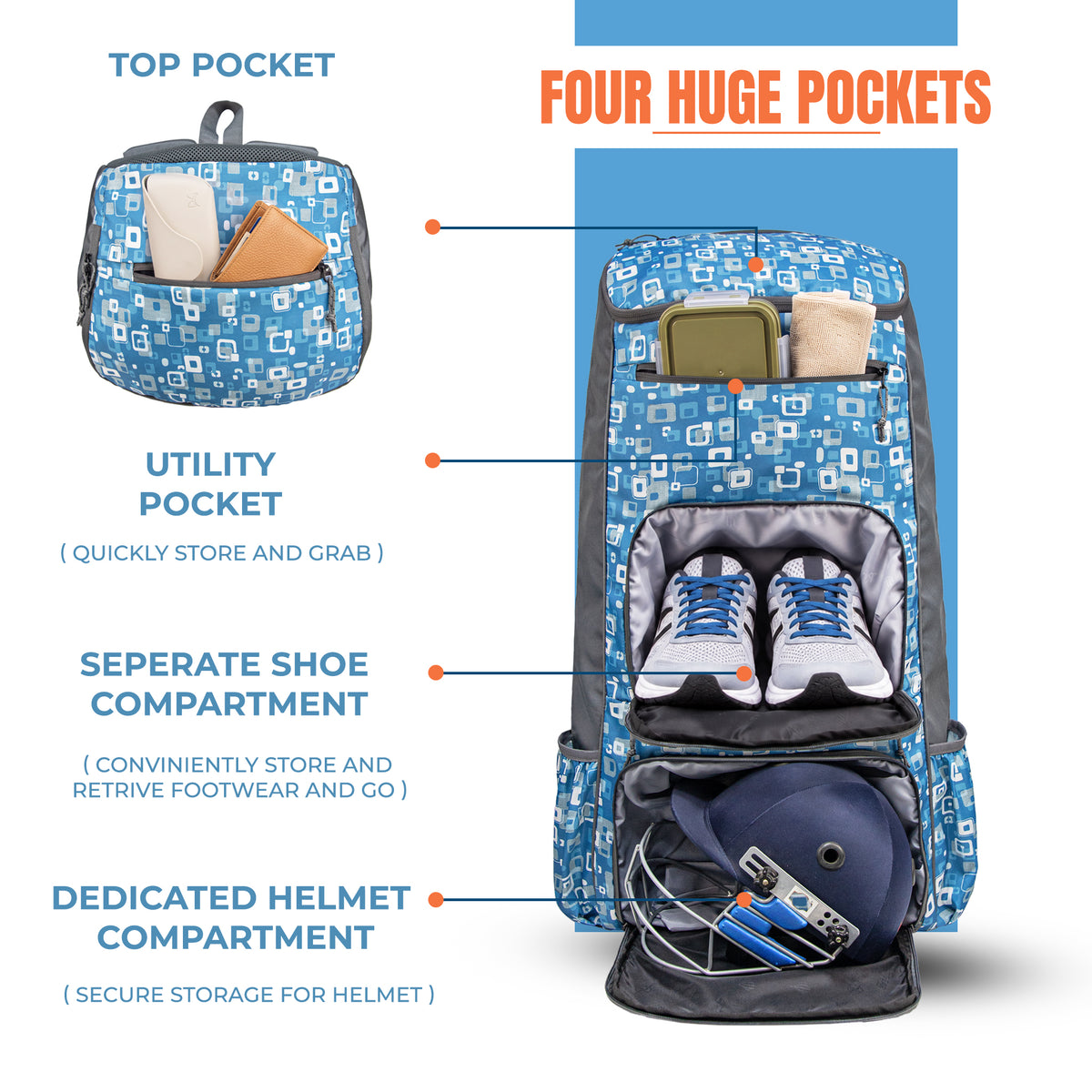 WHACKK Pollock Adult Cricket Kit Bag Blue Grey | Full Size Bag with Padded Double Bat Sleeve, Shoe & Helmet Pocket | Spacious Cricket Bag for Men & Club Players