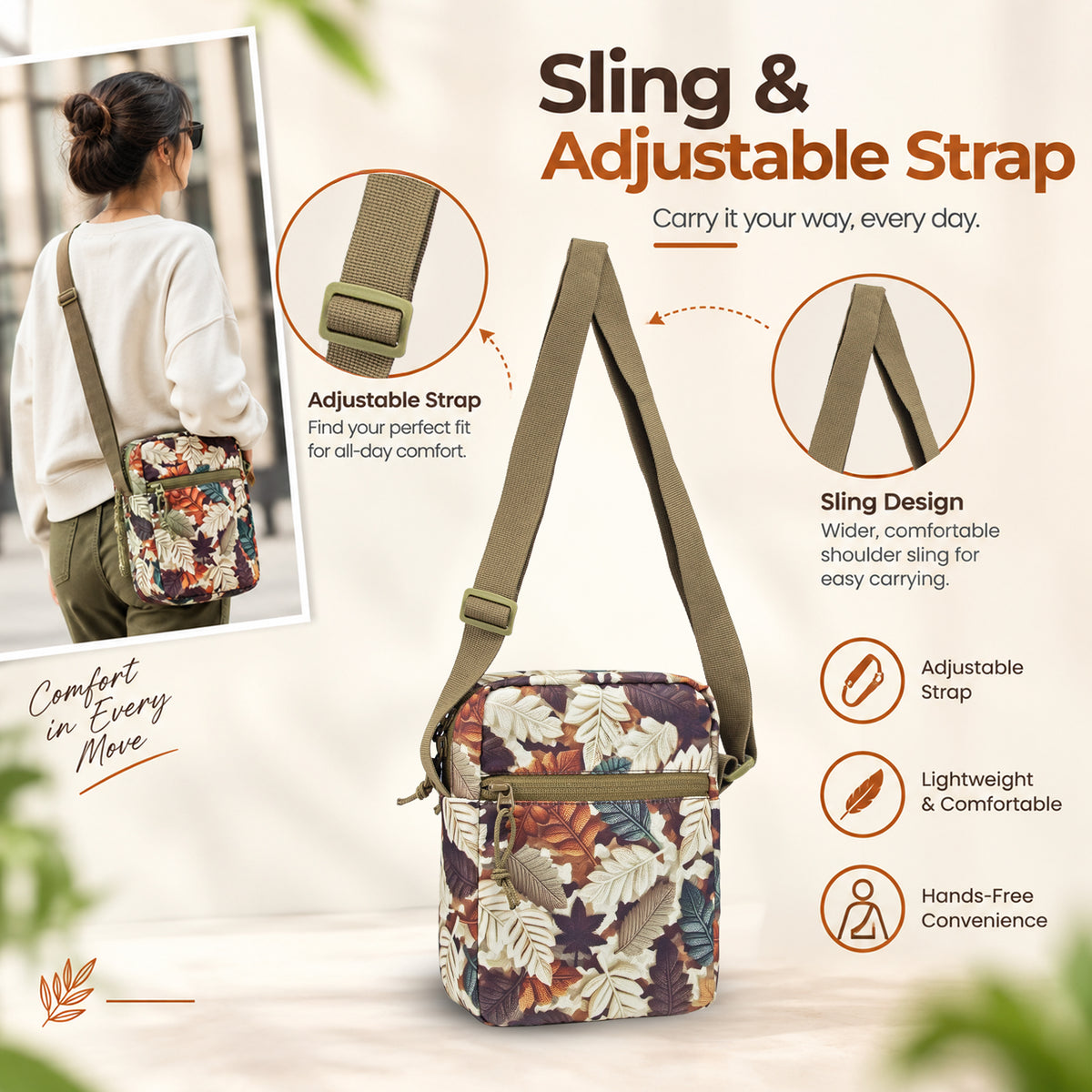 Whackk Freegait Leaves Crossbody Bag | Water Resistance Side Bag, Travel Bag, Office Business Bag, Messenger Bag | Sling Bag for Men and Women Adjustable Strap