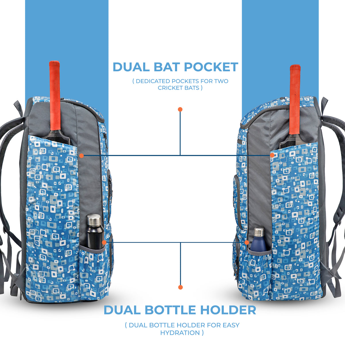 WHACKK Pollock Adult Cricket Kit Bag Blue Grey | Full Size Bag with Padded Double Bat Sleeve, Shoe & Helmet Pocket | Spacious Cricket Bag for Men & Club Players