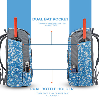 WHACKK Pollock Adult Cricket Kit Bag Blue Grey | Full Size Bag with Padded Double Bat Sleeve, Shoe & Helmet Pocket | Spacious Cricket Bag for Men & Club Players