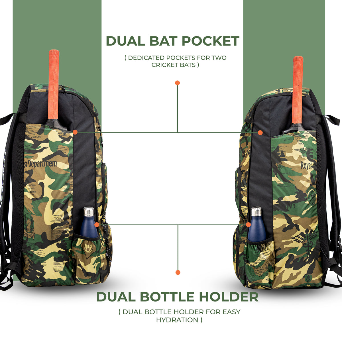 WHACKK Pollock Adult Cricket Kit Bag Black Camouflage | Full Size Bag with Padded Double Bat Sleeve, Shoe & Helmet Pocket | Spacious Cricket Bag for Men & Club Players