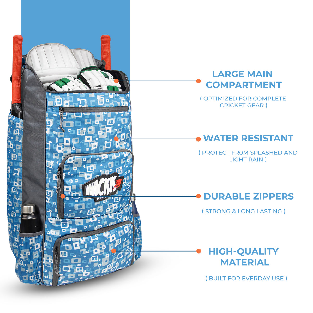 WHACKK Pollock Adult Cricket Kit Bag Blue Grey | Full Size Bag with Padded Double Bat Sleeve, Shoe & Helmet Pocket | Spacious Cricket Bag for Men & Club Players