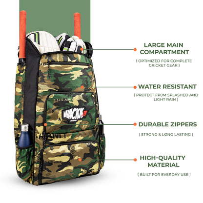 WHACKK Pollock Adult Cricket Kit Bag Black Camouflage | Full Size Bag with Padded Double Bat Sleeve, Shoe & Helmet Pocket | Spacious Cricket Bag for Men & Club Players