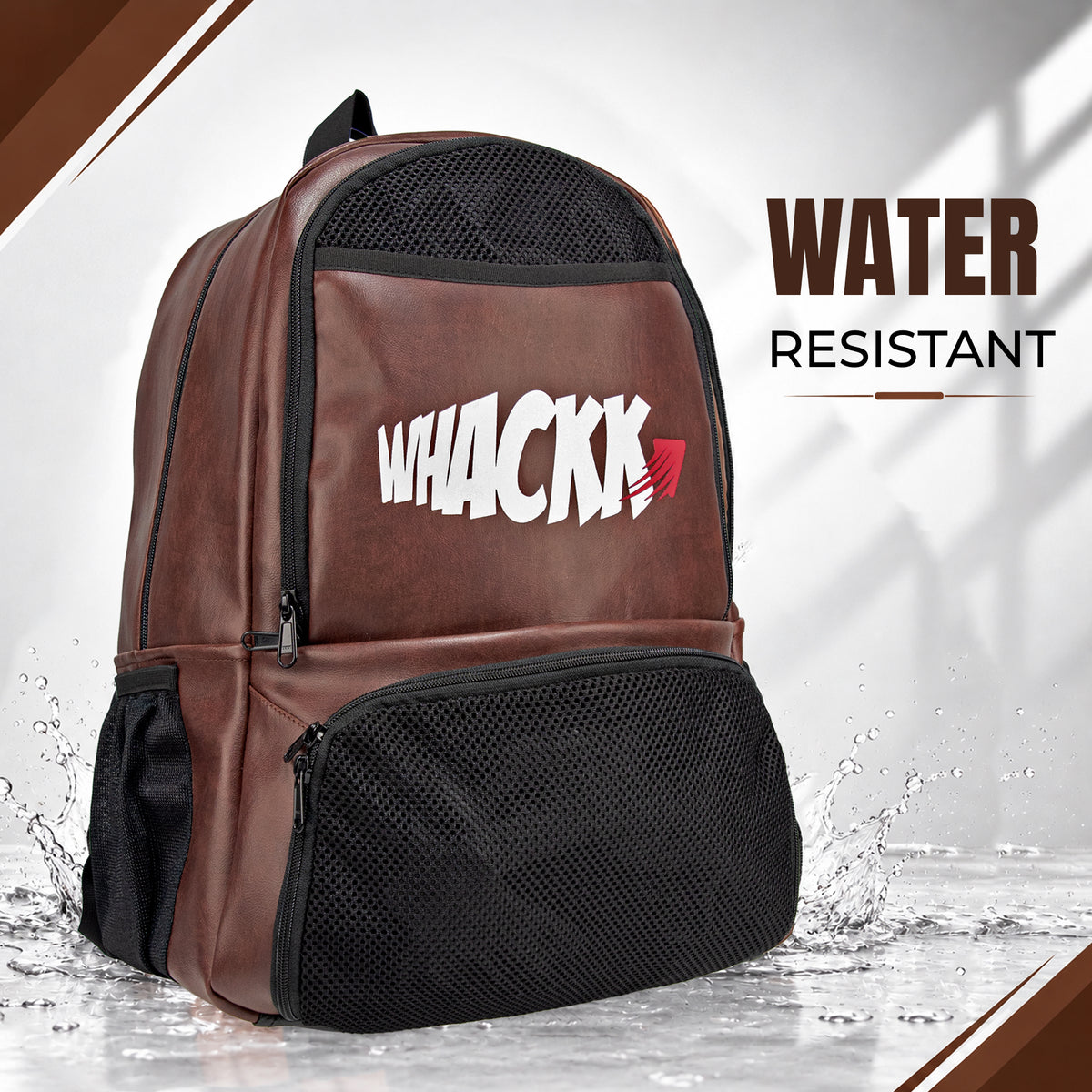WHACKK Strike 32L Brown Faux Leather Football Backpack | Separate Shoe & Dedicated Ball Compartments | Dual Bottle Holders, Utility Pocket | Sports Kit Bag for Training, Gym & Match Day